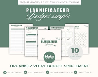May include: A digital planner with a green and white design. The planner includes pages for budgeting, expense tracking, and savings goals. Text includes "Budget simple", "Make it yours", and "10 Budgeting Tools".