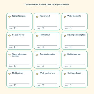 May include: A printable activity sheet titled Water Play Ideas with a grid of twelve boxes. Each box contains a yellow star, a task name like Sponge toss game or Toy car wash, and a checkbox labeled Done. The bottom text reads Summer Fun Printable Pack | Page 14.