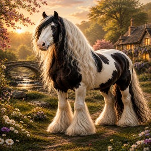Pode incluir: Um cavalo Gypsy Vanner preto e branco com uma longa crina branca fluida e patas com pelos abundantes, de pé num campo relvado. O cavalo tem uma constituição musculada e um padrão de pelagem malhado distinto num ambiente natural.