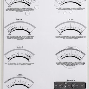 May include: A white laminated guide titled "Lash maps" with diagrams for different lash styles, including Natural, Doll Eye, Fox Eye, Cat Eye, Squirrel, Wispy, and L Curl. The guide provides instructions for lash artists.