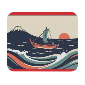 Vintage Japanese Boat Sunset Mouse Pad | Mt. Fuji Waves Desk Mat