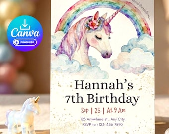 Invitación de cumpleaños de fantasía de unicornio, plantilla editable de Canva, invitación imprimible mágica en tonos pastel para niña de 5x7 pulgadas.