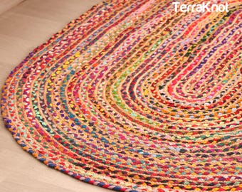 Handmade Colorful Braided Rag Rug, Oval Boho Area Rug, Fabric Floor Mat, Farmhouse Cottage Decor, Woven Rug