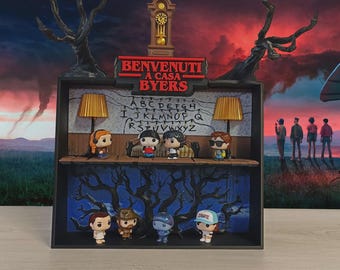 LED-verlicht "Dual World" kunstdiorama - Display geïnspireerd op de Hawkins-serie - Handgemaakte schaduwdoos met zijdegouden effect.