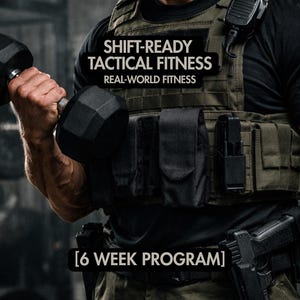 Può includere: Immagine di una persona che solleva un manubrio nero. La persona indossa un giubbotto tattico e una maglietta nera. Il testo sull'immagine recita "SHIFT-READY TACTICAL FITNESS REAL-WORLD FITNESS" e "[6 WEEK PROGRAM]"