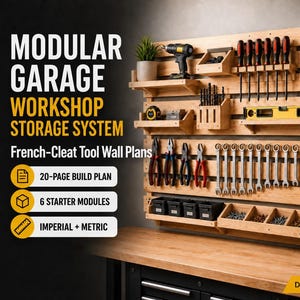 May include: A modular garage workshop storage system featuring French-cleat tool wall plans. The wooden wall organizer includes shelves, bins, and racks holding various hand tools, power drills, wrenches, and hardware. Text includes Modular Garage Workshop Storage System, 20-page build plan, 6 starter modules, and Imperial + Metric.