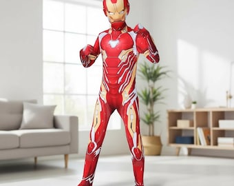 Disfraz de Iron Man para niños, mono rojo y dorado con máscara, traje de superhéroe para niños y niñas, cumpleaños y Halloween.