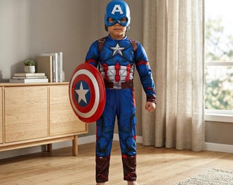 Captain America Kinderkostüm, Superhelden-Outfit, Marvel-Stil, Cosplay, Halloween-Geburtstagsgeschenk, Heldenanzug mit Schild