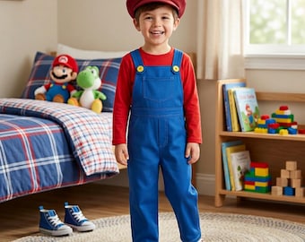 Kids Plumber Costume for Boys, Red & Blue Overalls Outfit with Hat, Halloween Costume, Birthday Party Dress Up, Cosplay Set.