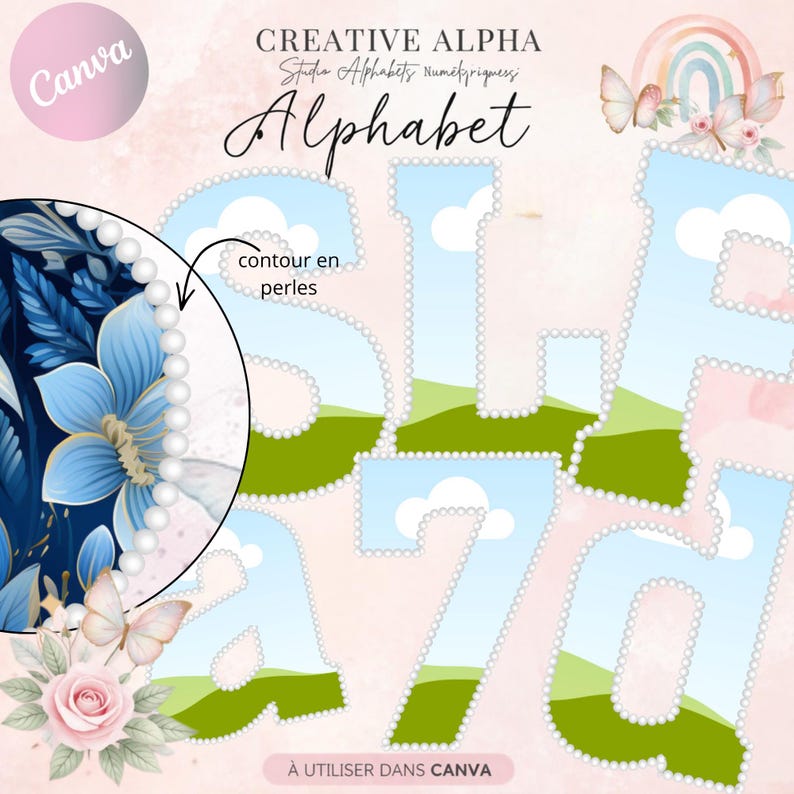 May include: A digital alphabet design with a sky and grass background, outlined with pearls. The image includes the word "Alphabet" and the text "CREATIVE ALPHA Studio Alphabets Num&eacute;riques" and "&Agrave; UTILISER DANS CANVA". A floral design and a rainbow are also present.
