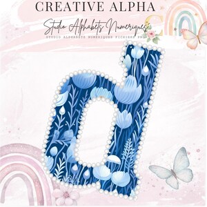 May include: A floral letter "d" in a digital art style. The letter is filled with blue flowers and foliage against a dark blue background, outlined with pearls. The image includes the text "CREATIVE ALPHA" and "Studio Alphabets Numeriques".
