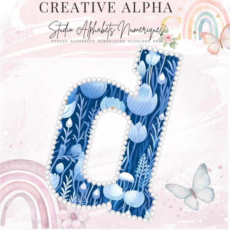 May include: A floral letter "d" in a digital art style. The letter is filled with blue flowers and foliage against a dark blue background, outlined with pearls. The image includes the text "CREATIVE ALPHA" and "Studio Alphabets Numeriques".