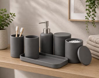 Black Stone Bathroom Accessories Set 6 Pieces - Toothbrush Holder, Lotion Dispenser,  - Countertop Organizer for Bathrooms