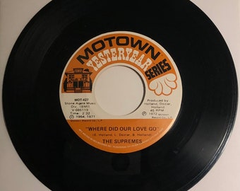 May include: Black vinyl record with a white label featuring the song "Where Did Our Love Go" by The Supremes. The label includes the Motown Yesterday Series logo, song title, artist, songwriters, and production information.