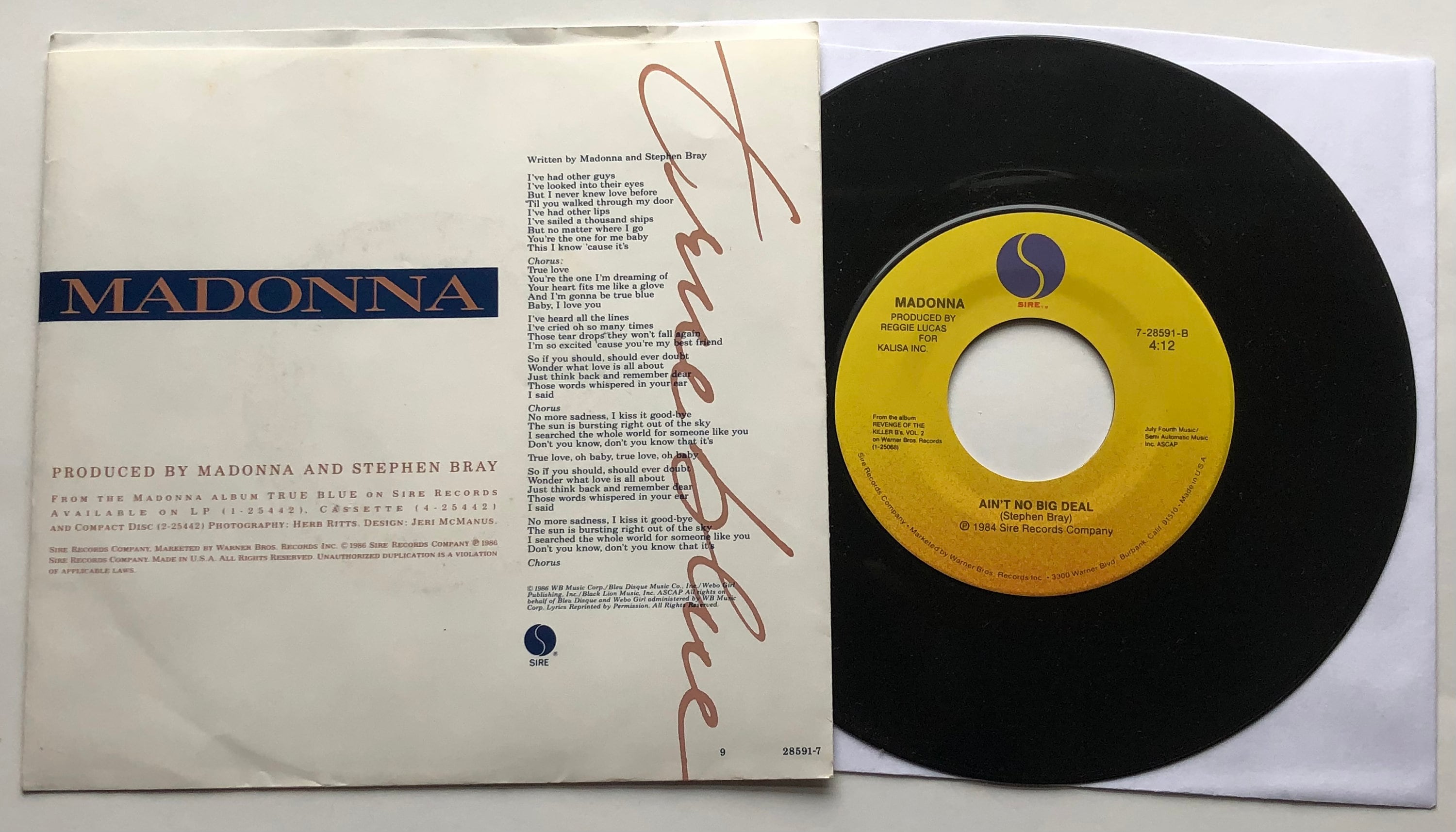Vintage Original Madonna True Blue LP With Liner Record Album Vinyl 1986  Sire 