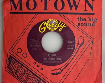 May include: A vintage record sleeve for "My Baby" by The Temptations. The red sleeve features the Motown and Gordy labels, with a stylized record player graphic. The record label is dark purple and yellow.