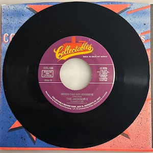 May include: A black vinyl record with a purple and gold label featuring the text "Collectables" and "Never Can Say Goodbye" by The Jackson 5. The record is on a blue and orange patterned sleeve.