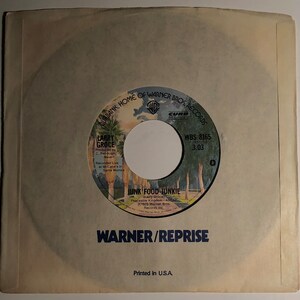 May include: A 7-inch vinyl record with a brown label. The label has white text that reads "Larry Groce" and "Junk Food Junkie". The record is on a white paper sleeve with the text "Burbank, Home of Warner Bros. Records" printed on it.