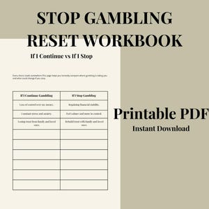 May include: A printable PDF workbook titled "STOP GAMBLING RESET WORKBOOK." The workbook features a comparison chart, "If I Continue vs If I Stop," with sections on financial stability, stress, and trust. The text "Printable PDF" and "Instant Download" are also visible.