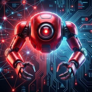 May include: A digital illustration features a red robot with glowing eyes and arms outstretched, set against a backdrop of circuit board designs and data streams. The text "OPENCLAW STARTER GUIDE: 10 AI AUTOMATION USE CASES" is displayed at the top.