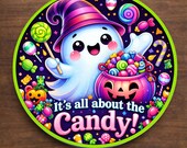 Halloween Candy Wreath Sign, Its All About the Candy Sign, Aluminum Sublimation Door Hanger Sign, Ghost Candy Bucket Decor