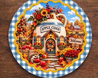 Apple Cider Wreath Sign, Fall Hedgehog Door Hanger Sign, Autumn Farmhouse Welcome Sign, Blue Buffalo Check Decor, Aluminum Sign