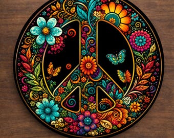 Floral Peace Symbol Wreath Sign, Retro Hippie Flower Front Door Decor, Aluminum Sublimation Sign, Colorful Boho Style