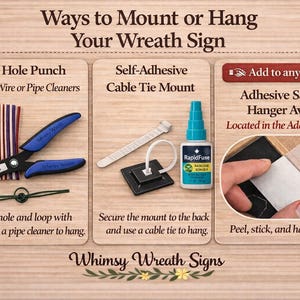 May include: Image showing three methods to hang a wreath sign. Includes a metal hole punch with floral wire, a self-adhesive cable tie mount, and an adhesive sawtooth hanger. Text reads "Ways to Mount or Hang Your Wreath Sign."