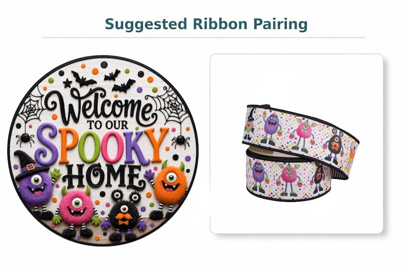 May include: A round sign with the text Welcome to our SPOOKY HOME featuring colorful monster illustrations, spider webs, and bats, paired with a roll of white ribbon decorated with a repeating pattern of small, multi-colored cartoon monsters.