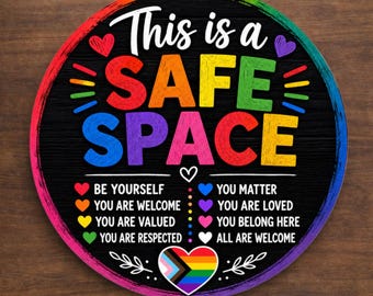 Safe Space Wreath Sign, Inclusive Pride Door Hanger Sign, LGBTQ Welcome Sign, Aluminum Sublimation Sign, Rainbow Decor