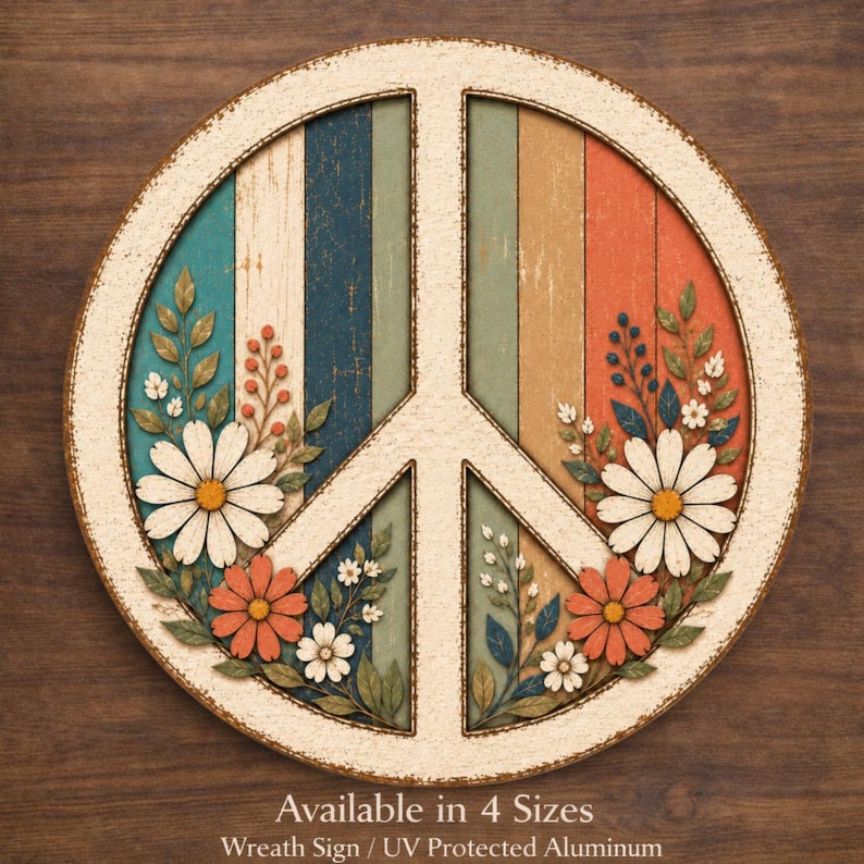 May include: Round peace sign with a white border and a distressed wood-look background in shades of blue, green, orange, and tan. The peace symbol is decorated with white daisies, orange flowers, and green leaves. The sign is a wreath and made of UV protected aluminum.
