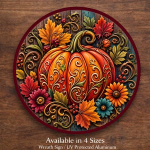 Fall Wreath Sign, Ornate Pumpkin Sign, Autumn Harvest Decor, Thanksgiving Door Hanger, Rustic Fall Decor, Aluminum Sublimation Sign