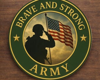 Army Wreath Sign, Brave and Strong Door Hanger Sign, Patriotic Military Aluminum Sublimated Sign