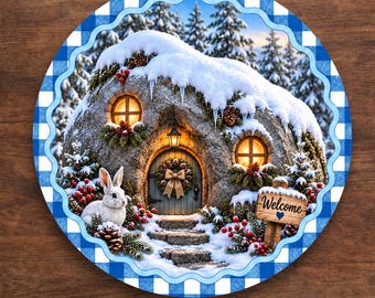 May include: A round aluminum sign featuring a snowy winter scene with a stone cottage, a white rabbit, and a wooden sign that reads Welcome with a blue heart. The border has a blue and white gingham pattern and a scalloped edge design.