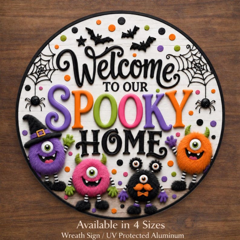 Halloween Wreath Sign, Spooky Monster Sign, Halloween Door Hanger Sign, Kids Halloween Decor, Whimsical Halloween, Aluminum Sublimation image 1