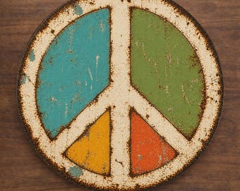 Peace Sign Wreath Sign, Retro Hippie Door Hanger Sign, Vintage Boho Peace Decor, Aluminum Sublimation Sign, Distressed Metal Look Sign