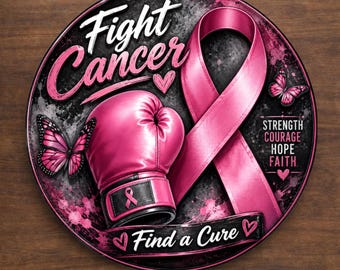 Fight Cancer Wreath Sign, Breast Cancer Awareness Sign, Pink Ribbon, Pink Boxing Glove Decor, Aluminum Sublimation Sign