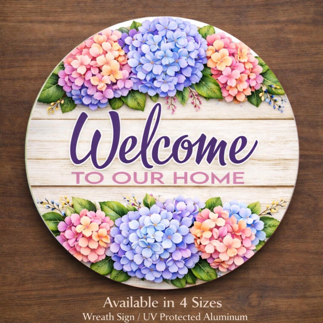 Welcome Hydrangea Wreath Sign, Round Spring Door Hanger Sign, Floral ...