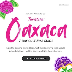 Peut inclure: Graphique blanc avec le mot "Oaxaca" en rose vif, promouvant un guide culturel de 7 jours. L'image comprend le texte "Turistera" et "By a local friend", avec des illustrations florales dans les coins.