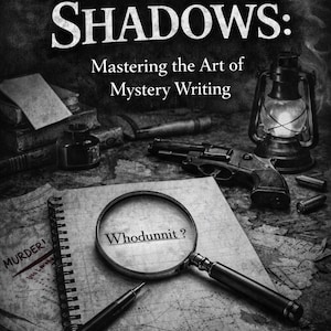 May include: Book cover for "Crafting Shadows: Mastering the Art of Mystery Writing" by Graham Mulvein. The image shows a magnifying glass over "Whodunnit?" on a map, a revolver, and a vintage lantern, evoking a mystery theme.