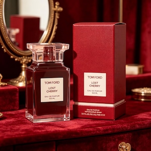 May include: A rectangular glass perfume bottle and matching box, both in a deep red hue. The bottle has a clear, geometric stopper and a white label with the text "TOM FORD LOST CHERRY EAU DE PARFUM 100 ML". The box also displays the same text.