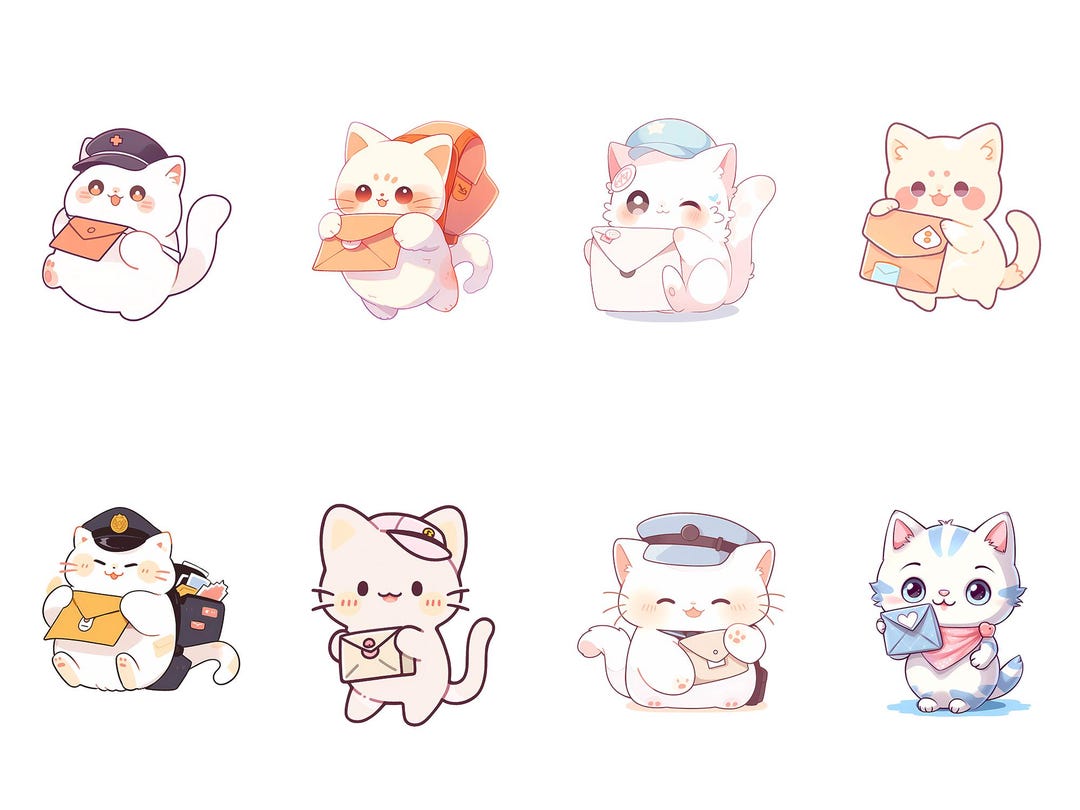 Cute Kawaii Cat Mail Stickers Bundle PNG, Comfort Colors Shirt, 20 PNG ...