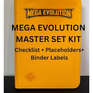 May include: A yellow Mega Evolution Master Set Kit binder with black text. The text includes "Mega Evolution", "Master Set Kit", "Checklist + Placeholders + Binder Labels". A logo is at the bottom.