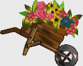 Skottkärra med blommor Korsstygnsmönster PDF Direktnedladdning • Blommig trädgårdsstugadekor