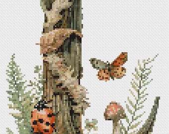 Korsstygnsmönster med skogsmonogram L: Skogsnatur Botanisk Cottagecore (PDF-nedladdning)
