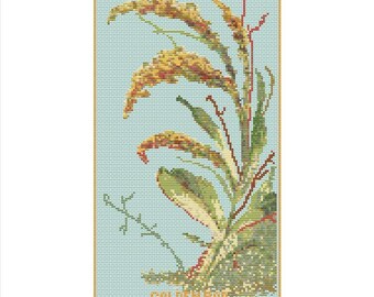 Korsstygnsmönster för vintage-guldris – botanisk illustration (PDF-nedladdning)