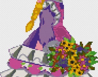 Korsstygnsmönster med viktorianska flickor och blommor – Blombukett med vintagemotiv (digital nedladdning)