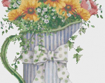 Korsstygnsmönster för blomkanna i PDF-format | Akvarellbukett med blomkanna | Direktnedladdning