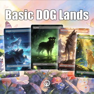 May include: A collection of Basic Dog Lands trading cards featuring illustrations of various dog breeds in scenic environments. The cards include the text "Basic Dog Lands" and the names of the land types.