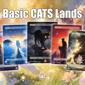 May include: A collection of Basic CATS Lands trading cards. Each card features a different landscape: Plains, Island, Swamp, Mountain, and Forest. The artwork depicts cats in various settings, with the text "Basic CATS Lands" at the top.